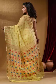 Yellow Cotton Handwoven Jamdani Saree With Geometric Designs and Floral Patterns