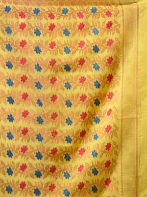 Yellow Cotton Handwoven Jamdani Saree With Geometric Designs and Floral Patterns 5