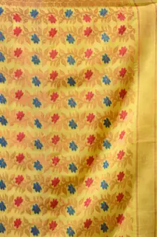 Yellow Cotton Handwoven Jamdani Saree With Geometric Designs and Floral Patterns