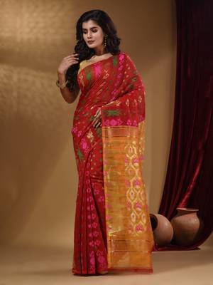 Red Cotton Handwoven Jamdani Saree With Multicolor Designs And Motifs 1