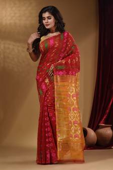 Red Cotton Handwoven Jamdani Saree With Multicolor Designs And Motifs