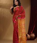 Red Cotton Handwoven Jamdani Saree With Multicolor Designs And Motifs