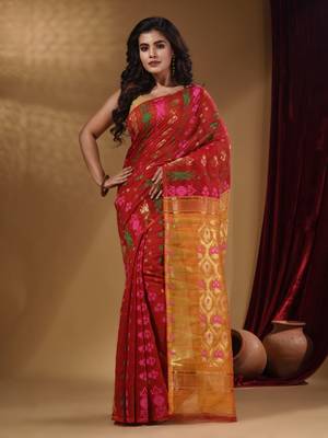Red Cotton Handwoven Jamdani Saree With Multicolor Designs And Motifs 2