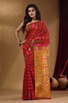 Red Cotton Handwoven Jamdani Saree With Multicolor Designs And Motifs
