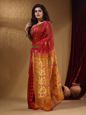 Red Cotton Handwoven Jamdani Saree With Multicolor Designs And Motifs 3