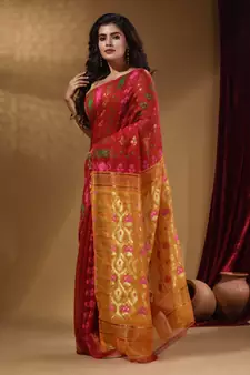 Red Cotton Handwoven Jamdani Saree With Multicolor Designs And Motifs
