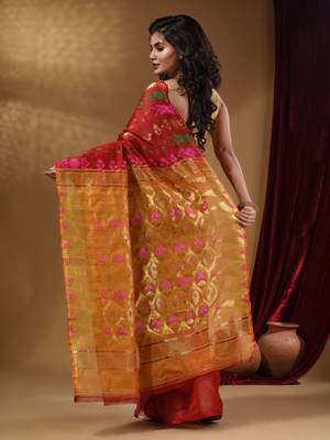 Red Cotton Handwoven Jamdani Saree With Multicolor Designs And Motifs 4