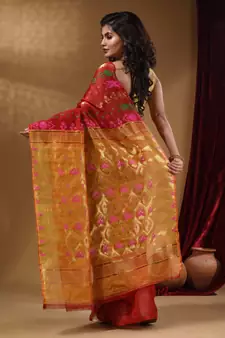 Red Cotton Handwoven Jamdani Saree With Multicolor Designs And Motifs