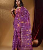 Violet Cotton Handwoven Jamdani Saree With Multicolor Designs And Motifs