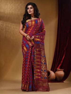 Magenta Cotton Handwoven Jamdani Saree With Multicolor Designs And Motifs 1