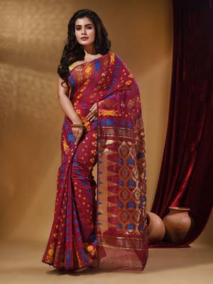 Magenta Cotton Handwoven Jamdani Saree With Multicolor Designs And Motifs 2