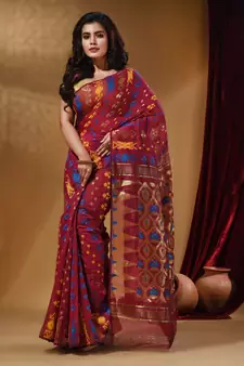 Magenta Cotton Handwoven Jamdani Saree With Multicolor Designs And Motifs