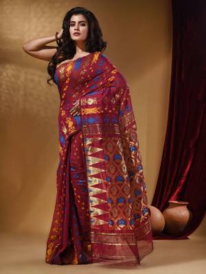 Magenta Cotton Handwoven Jamdani Saree With Multicolor Designs And Motifs 3