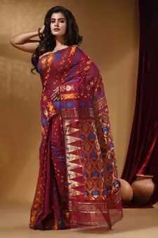 Magenta Cotton Handwoven Jamdani Saree With Multicolor Designs And Motifs
