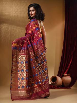 Magenta Cotton Handwoven Jamdani Saree With Multicolor Designs And Motifs 4