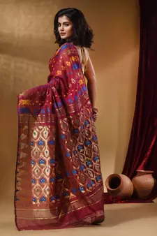 Magenta Cotton Handwoven Jamdani Saree With Multicolor Designs And Motifs
