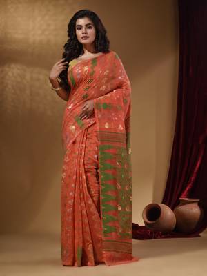 Orange Cotton Handwoven Jamdani Saree With Multicolor Designs And Motifs 1