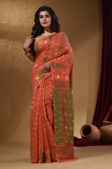 Orange Cotton Handwoven Jamdani Saree With Multicolor Designs And Motifs