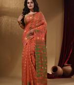 Orange Cotton Handwoven Jamdani Saree With Multicolor Designs And Motifs