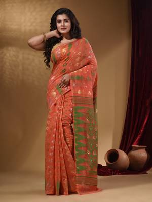 Orange Cotton Handwoven Jamdani Saree With Multicolor Designs And Motifs 2
