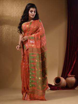 Orange Cotton Handwoven Jamdani Saree With Multicolor Designs And Motifs 3
