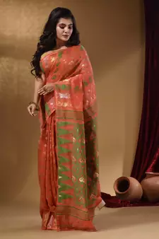 Orange Cotton Handwoven Jamdani Saree With Multicolor Designs And Motifs