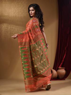 Orange Cotton Handwoven Jamdani Saree With Multicolor Designs And Motifs 4