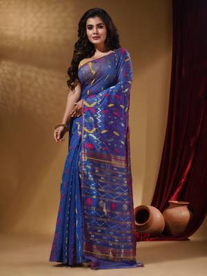 Sapphire Blue Cotton Handwoven Jamdani Saree With Multicolor Designs And Motifs 1