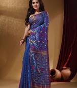 Sapphire Blue Cotton Handwoven Jamdani Saree With Multicolor Designs And Motifs