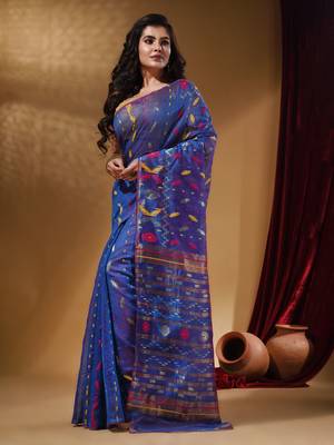 Sapphire Blue Cotton Handwoven Jamdani Saree With Multicolor Designs And Motifs 2