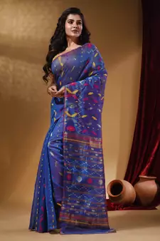 Sapphire Blue Cotton Handwoven Jamdani Saree With Multicolor Designs And Motifs