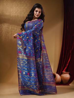 Sapphire Blue Cotton Handwoven Jamdani Saree With Multicolor Designs And Motifs 3