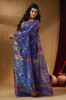 Sapphire Blue Cotton Handwoven Jamdani Saree With Multicolor Designs And Motifs