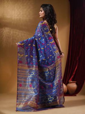 Sapphire Blue Cotton Handwoven Jamdani Saree With Multicolor Designs And Motifs 4