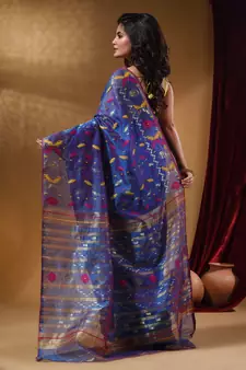 Sapphire Blue Cotton Handwoven Jamdani Saree With Multicolor Designs And Motifs