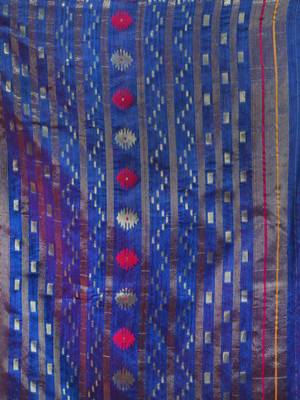 Sapphire Blue Cotton Handwoven Jamdani Saree With Multicolor Designs And Motifs 5