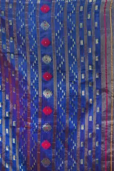 Sapphire Blue Cotton Handwoven Jamdani Saree With Multicolor Designs And Motifs