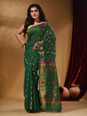 Green Cotton Handwoven Jamdani Saree With Multicolor Designs And Motifs 1