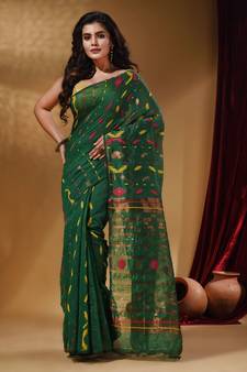 Green Cotton Handwoven Jamdani Saree With Multicolor Designs And Motifs