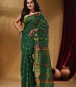 Green Cotton Handwoven Jamdani Saree With Multicolor Designs And Motifs