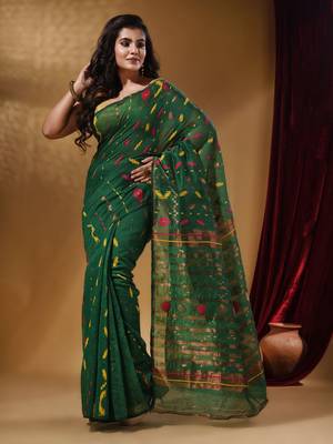 Green Cotton Handwoven Jamdani Saree With Multicolor Designs And Motifs 2