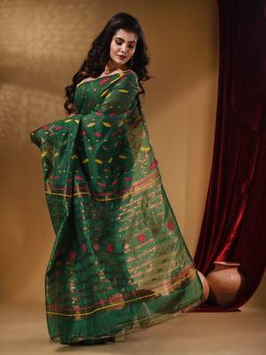 Green Cotton Handwoven Jamdani Saree With Multicolor Designs And Motifs 3