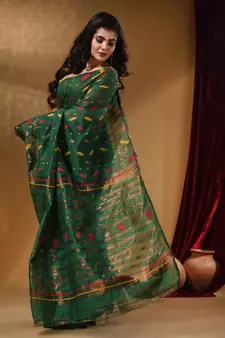 Green Cotton Handwoven Jamdani Saree With Multicolor Designs And Motifs