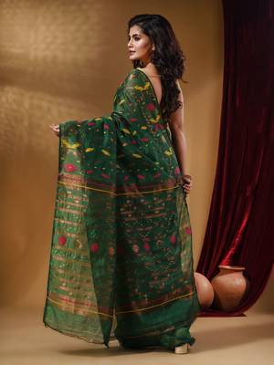 Green Cotton Handwoven Jamdani Saree With Multicolor Designs And Motifs 4