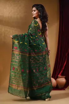 Green Cotton Handwoven Jamdani Saree With Multicolor Designs And Motifs