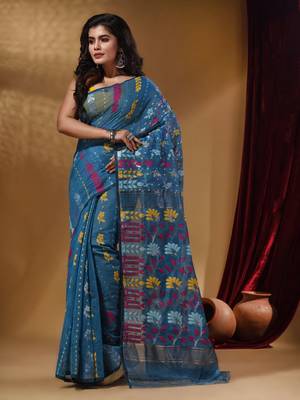 Lapis Blue Cotton Handwoven Jamdani Saree With Floral Designs And Motifs 1