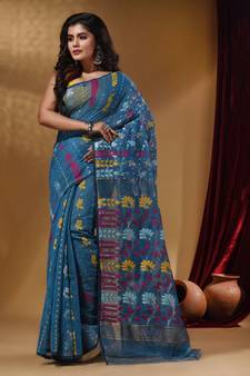 Lapis Blue Cotton Handwoven Jamdani Saree With Floral Designs And Motifs