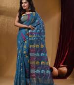 Lapis Blue Cotton Handwoven Jamdani Saree With Floral Designs And Motifs