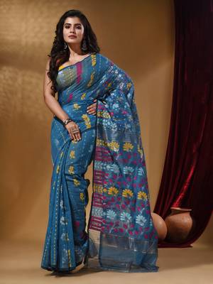 Lapis Blue Cotton Handwoven Jamdani Saree With Floral Designs And Motifs 2