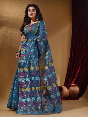 Lapis Blue Cotton Handwoven Jamdani Saree With Floral Designs And Motifs 3